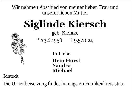 Traueranzeige von Siglinde Kiersch von Schleswiger Nachrichten, Schlei-Bote