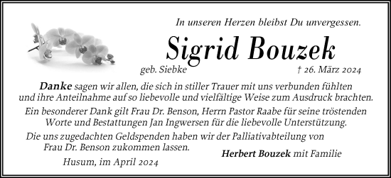 Traueranzeige von Sigrid Bouzek von Husumer Nachrichten, Nordfriesland Tageblatt