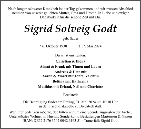 Traueranzeige von Sigrid Solveig Godt von Husumer Nachrichten, Nordfriesland Tageblatt