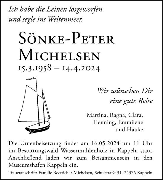 Traueranzeige von Sönke-Peter Michelsen von Husumer Nachrichten, Nordfriesland Tageblatt