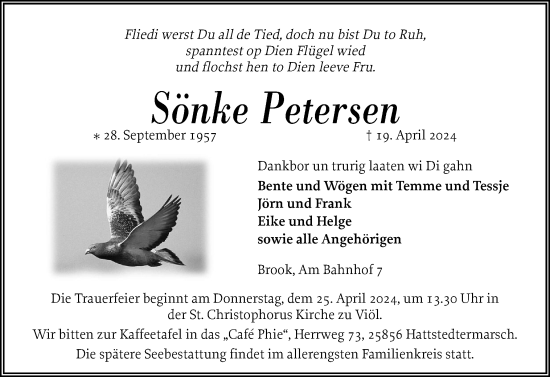 Traueranzeige von Sönke Petersen von Husumer Nachrichten, Nordfriesland Tageblatt
