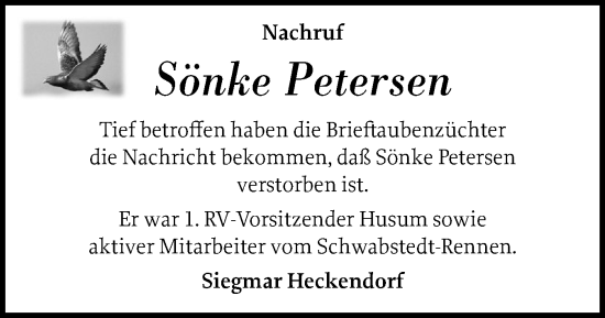 Traueranzeige von Sönke Petersen von Husumer Nachrichten, Nordfriesland Tageblatt