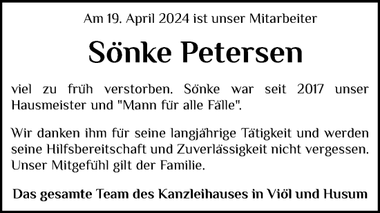 Traueranzeige von Sönke Petersen von Husumer Nachrichten, Nordfriesland Tageblatt