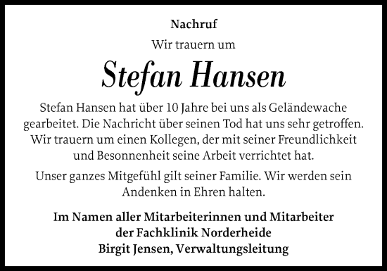 Traueranzeige von Stefan Hansen von Husumer Nachrichten, Nordfriesland Tageblatt