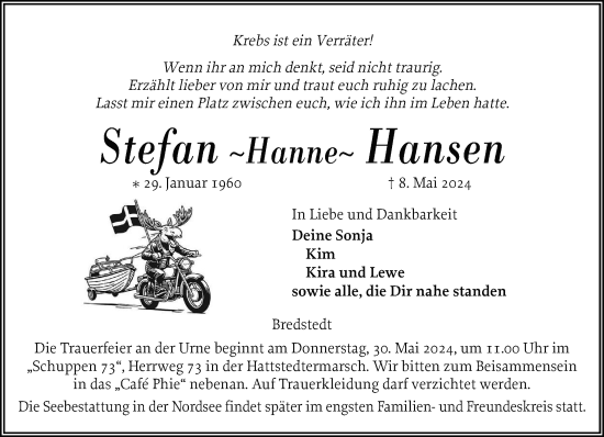 Traueranzeige von Stefan Hansen von Husumer Nachrichten, Nordfriesland Tageblatt