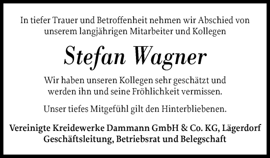 Traueranzeige von Stefan Wagner von Norddeutsche Rundschau, Wilstersche Zeitung, Glückstädter Fortuna