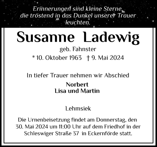 Traueranzeige von Susanne Ladewig von Eckernförder Zeitung, Hallo Eckernförde