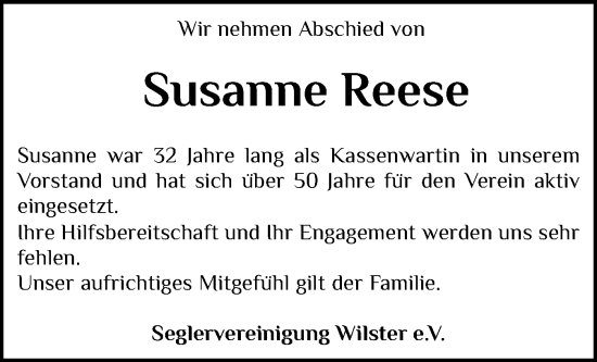 Traueranzeige von Susanne Reese von Norddeutsche Rundschau, Wilstersche Zeitung, Glückstädter Fortuna
