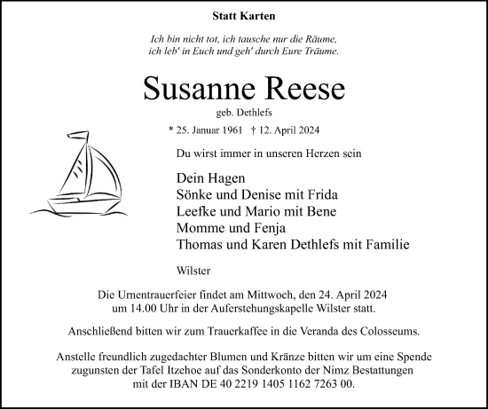 Traueranzeige von Susanne Reese von Norddeutsche Rundschau, Wilstersche Zeitung, Glückstädter Fortuna