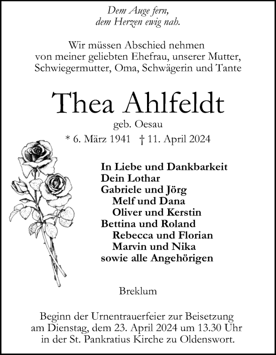 Traueranzeige von Thea Ahlfeldt von Husumer Nachrichten, Nordfriesland Tageblatt