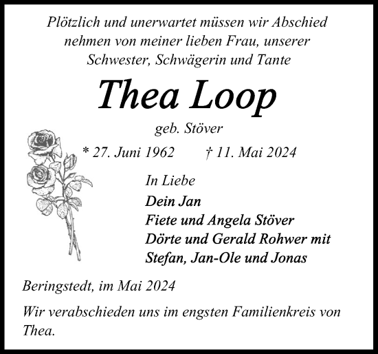 Traueranzeige von Thea Loop von Schleswig-Holsteinische Landeszeitung