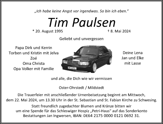 Traueranzeige von Tim Paulsen von Husumer Nachrichten, Nordfriesland Tageblatt