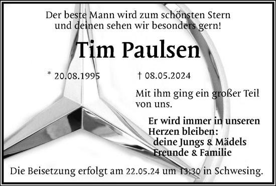 Traueranzeige von Tim Paulsen von Husumer Nachrichten, Nordfriesland Tageblatt