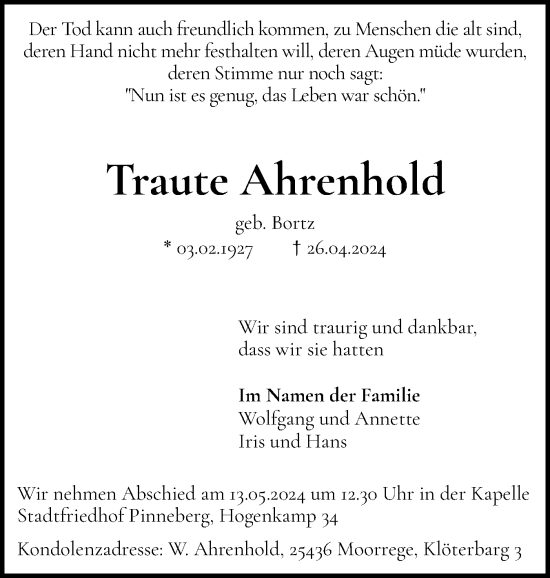 Traueranzeige von Traute Ahrenhold von Region Pinneberg und tip Pinneberg