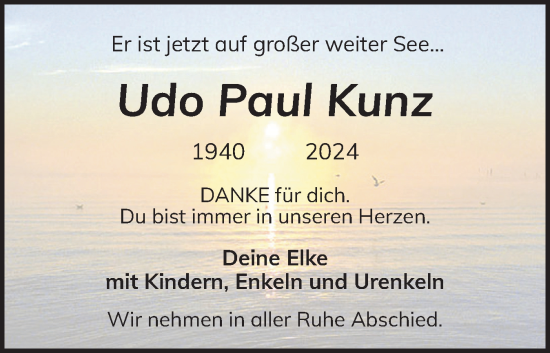 Traueranzeige von Udo Kunz von Eckernförder Zeitung, Hallo Eckernförde