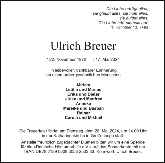 Traueranzeige von Ulrich Breuer von Holsteinischer Courier