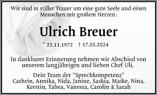 Traueranzeige von Ulrich Breuer von Holsteinischer Courier