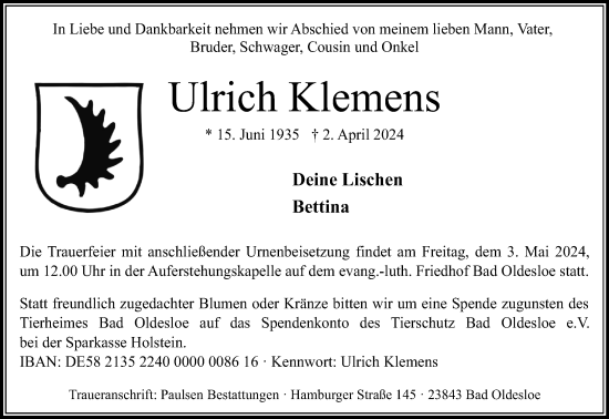 Traueranzeige von Ulrich Klemens von Stormaner Tageblatt