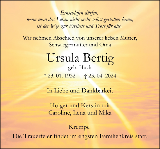 Traueranzeige von Ursula Bertig von Norddeutsche Rundschau, Wilstersche Zeitung, Glückstädter Fortuna
