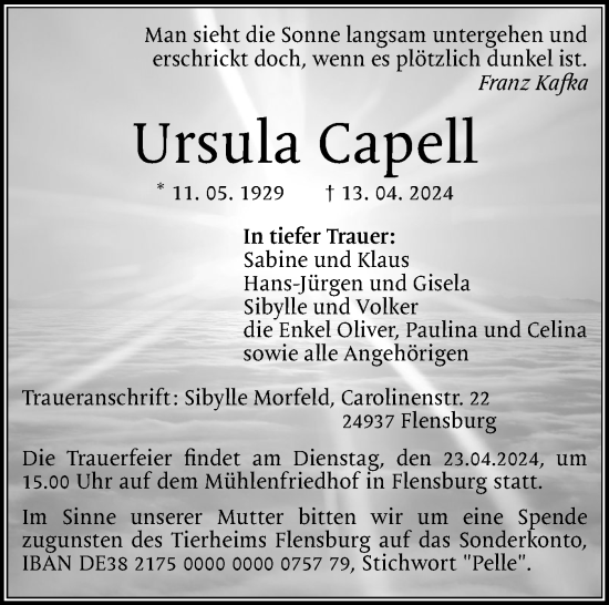 Traueranzeige von Ursula Capell von Flensburger Tageblatt