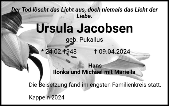 Traueranzeige von Ursula Jacobsen von Schleswiger Nachrichten, Schlei-Bote, Eckernförder Zeitung