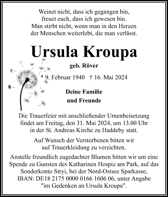 Traueranzeige von Ursula Kroupa von Flensburger Tageblatt
