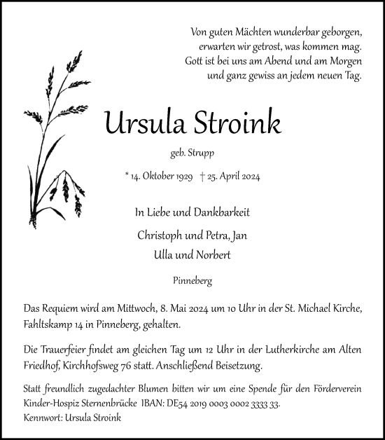 Traueranzeige von Ursula Stroink von Region Pinneberg und tip Pinneberg