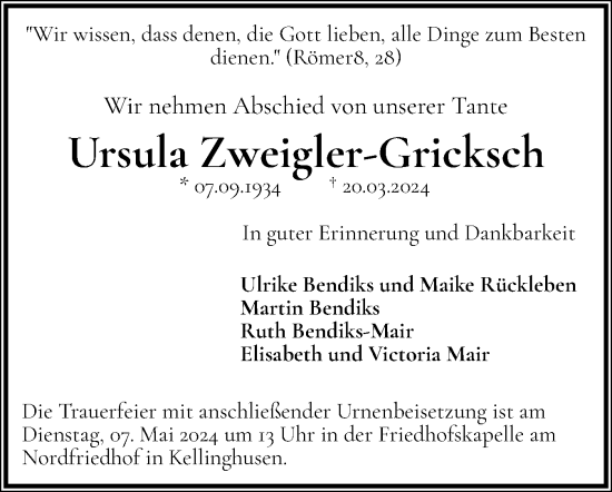 Traueranzeige von Ursula Zweigler-Gricksch von Norddeutsche Rundschau, Wilstersche Zeitung, Glückstädter Fortuna