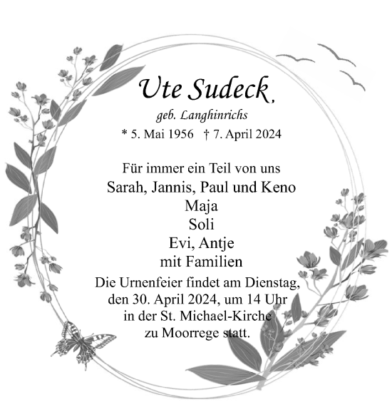 Traueranzeige von Ute Sudeck von Uetersener Nachrichten, Der tip am Wochenende
