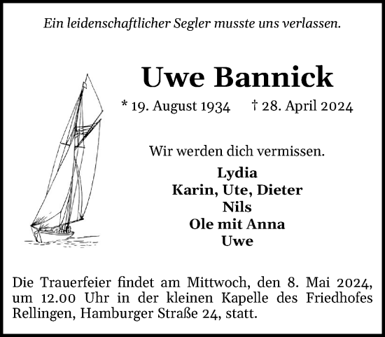 Traueranzeige von Uwe Bannick von Region Pinneberg und tip Pinneberg