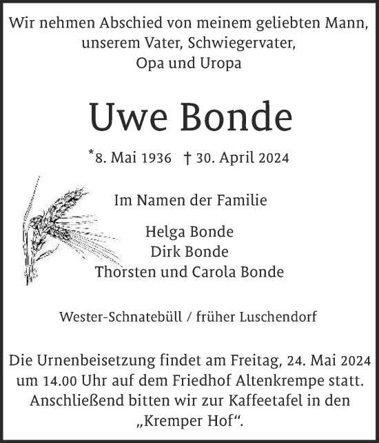 Traueranzeige von Uwe Bonde von Ostholsteiner Anzeiger