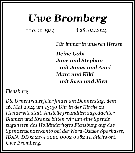 Traueranzeige von Uwe Bromberg von Flensburger Tageblatt