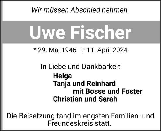 Traueranzeige von Uwe Fischer von Eckernförder Zeitung, Hallo Eckernförde