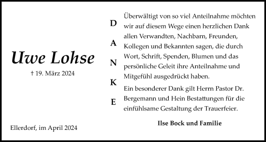 Traueranzeige von Uwe Lohse von Schleswig-Holsteinische Landeszeitung