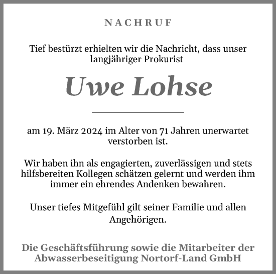 Traueranzeige von Uwe Lohse von Schleswig-Holsteinische Landeszeitung