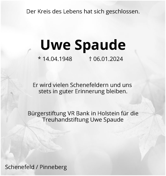 Traueranzeige von Uwe Spaude von Region Pinneberg und tip Pinneberg