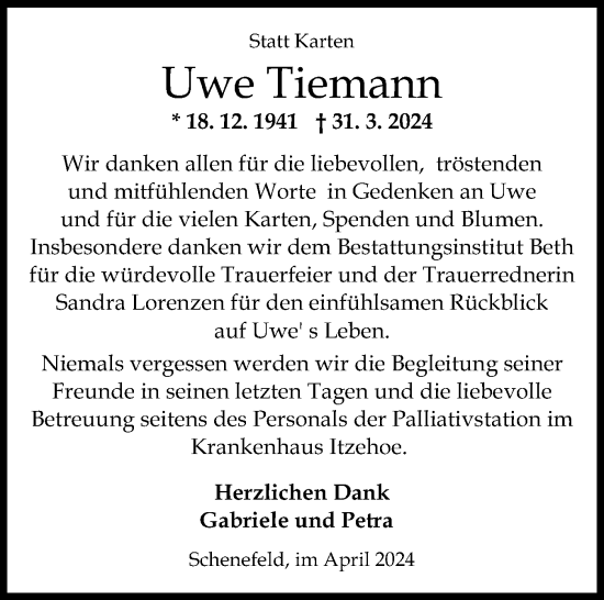 Traueranzeige von Uwe Tiemann von Norddeutsche Rundschau, Wilstersche Zeitung, Glückstädter Fortuna
