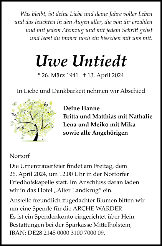 Traueranzeige von Uwe Untiedt von Schleswig-Holsteinische Landeszeitung