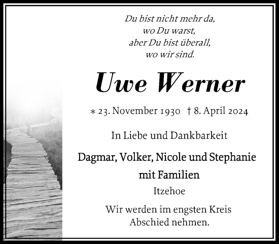 Traueranzeige von Uwe Werner von Norddeutsche Rundschau, Wilstersche Zeitung, Glückstädter Fortuna