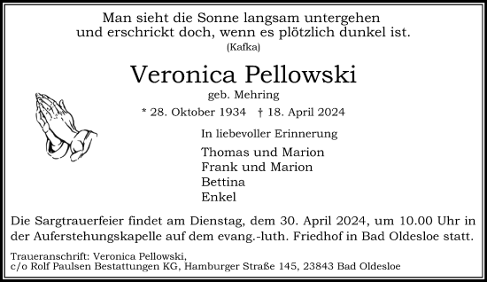 Traueranzeige von Veronica Pellowski von Stormaner Tageblatt