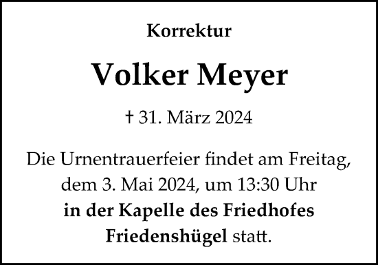 Traueranzeige von Volker Meyer von Flensburger Tageblatt