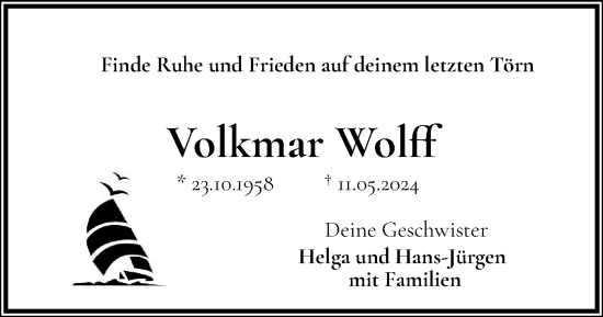 Traueranzeige von Volkmar Wolff von Schleswiger Nachrichten, Schlei-Bote