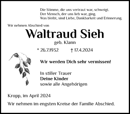 Traueranzeige von Waltraud Sieh von Schleswiger Nachrichten, Schlei-Bote