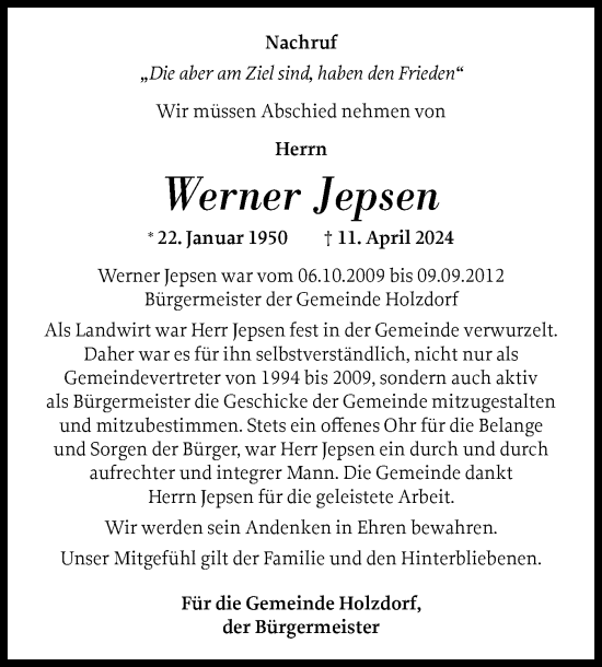 Traueranzeige von Werner Jepsen von Eckernförder Zeitung, Hallo Eckernförde