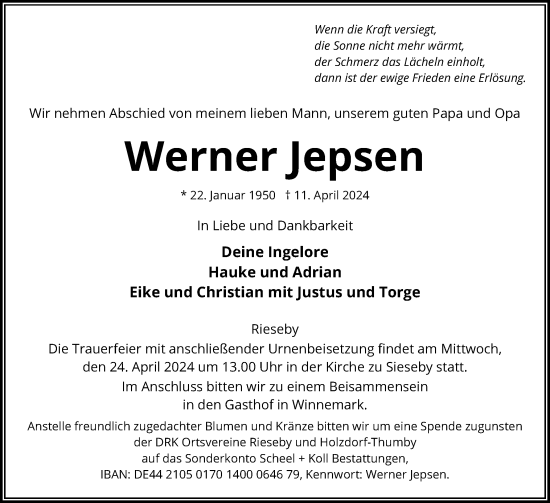 Traueranzeige von Werner Jepsen von Eckernförder Zeitung, Hallo Eckernförde