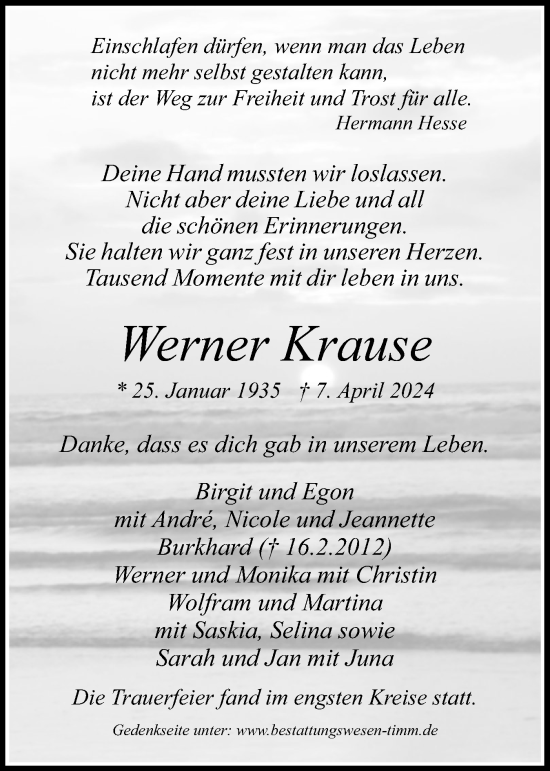 Traueranzeige von Werner Krause von Region Pinneberg und tip Pinneberg