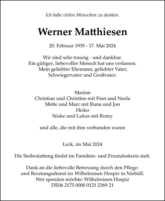 Traueranzeige von Werner Matthiesen von Husumer Nachrichten, Nordfriesland Tageblatt