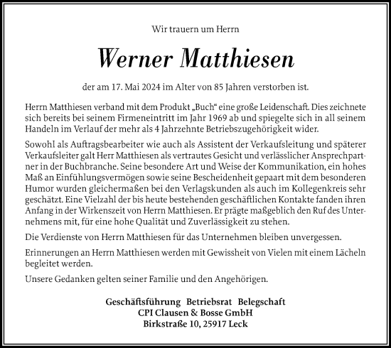 Traueranzeige von Werner Matthiesen von Husumer Nachrichten, Nordfriesland Tageblatt