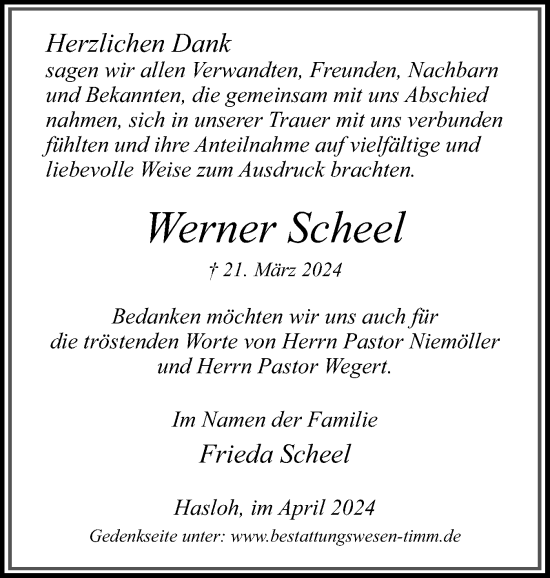 Traueranzeige von Werner Scheel von Region Pinneberg und tip Pinneberg