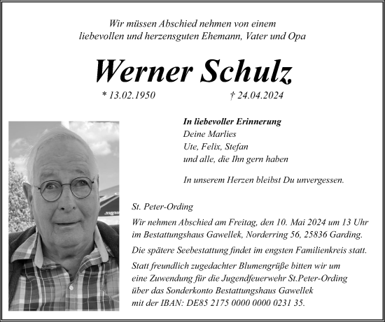 Traueranzeige von Werner Schulz von Husumer Nachrichten, Nordfriesland Tageblatt